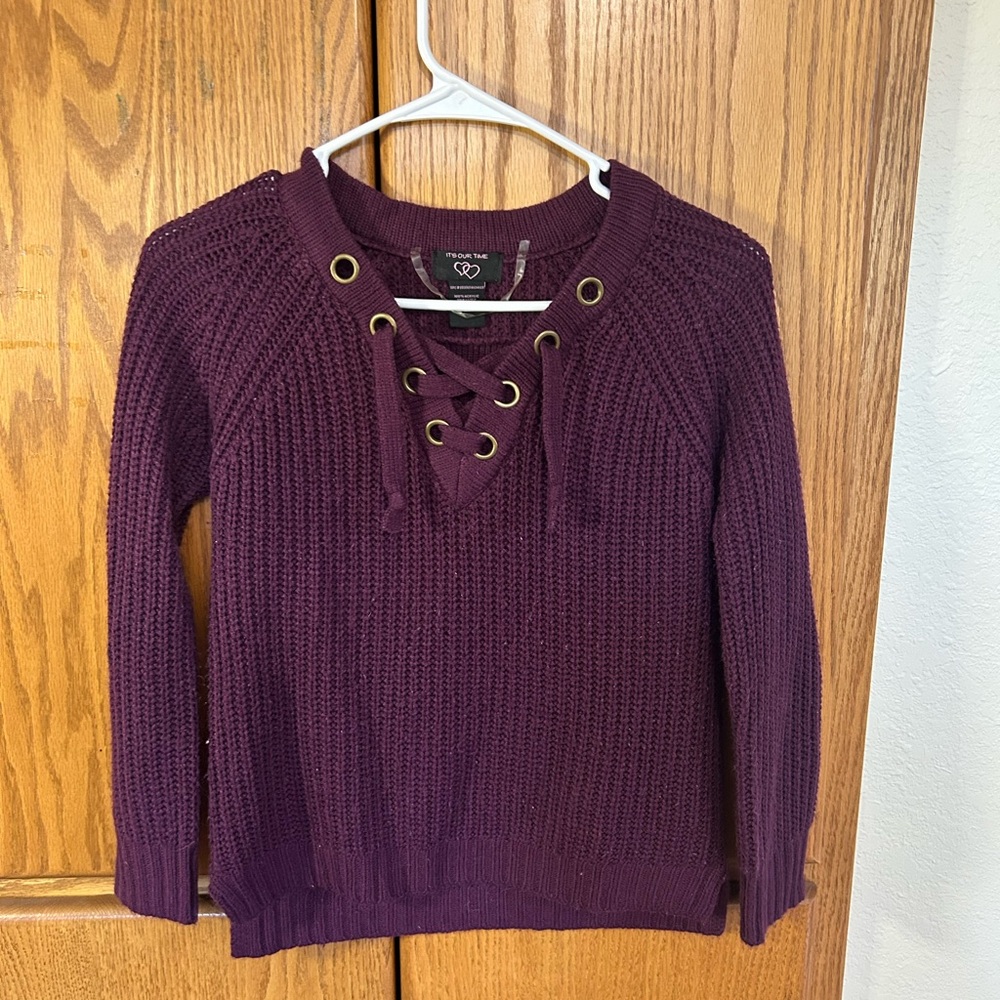 It's Our Time Purple V-Neck Lace-Up Sweater